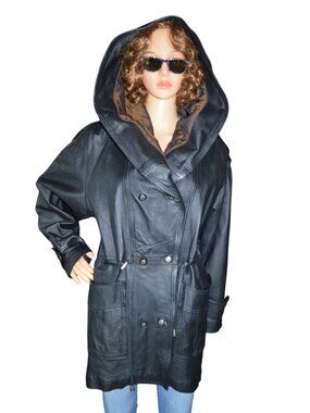 VTG Comint Black Heavy Genuine Leather Coat Quilted Hooded Sinched Waist Men's S